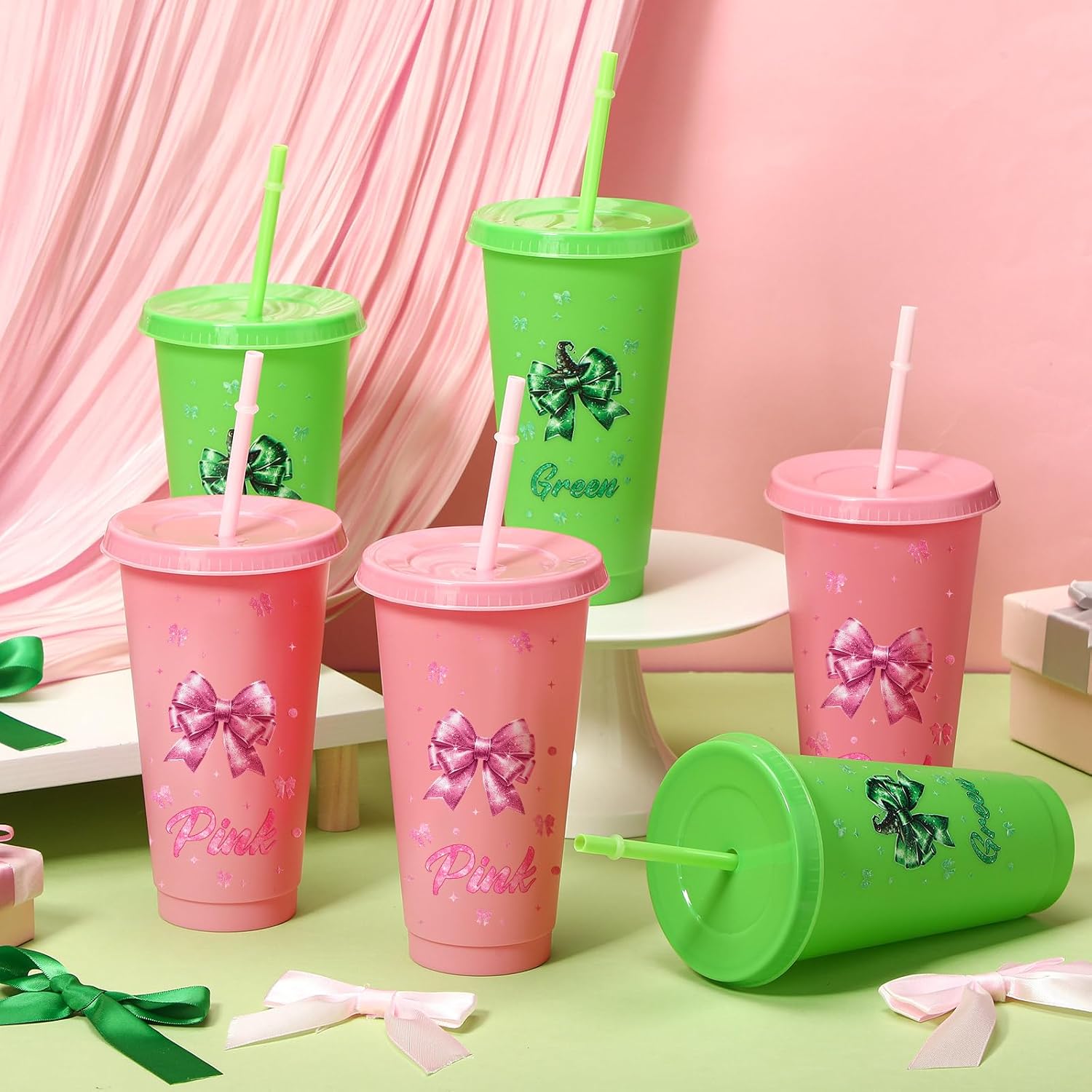 Skylety 6 Pcs Witch Party Decoration Pink and Green 24 oz Plastic Cups with Lids and Straws Witch Movie Party Favors Reusable Tumblers Bulk for Halloween Princess Theme Birthday Friendship Day image 2