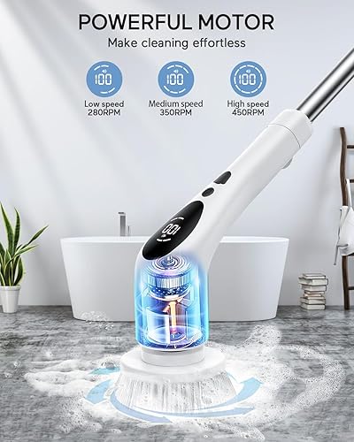 Miniatura 2 de Limpiador eléctrico giratorio, cepillo de limpieza inalámbrico con 9 cabezales de cepillo reemplazables, 3 velocidades ajustables, con mango largo