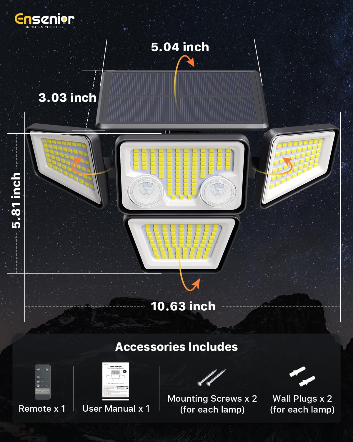 Ensenior Solar Lights Outdoor, Motion Sensor Outdoor Light with Remote Control, IP65 Waterproof 279 LED 4 Heads Solar Security Light with 4 Mode, 270° Wide Angle Solar Flood Light for Outside, 2 Packs