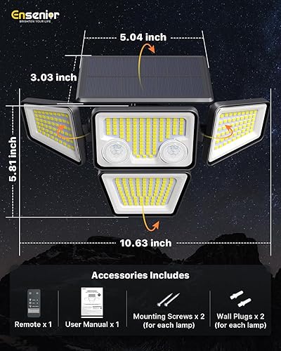 Miniatura 9 de Ensenior Luces solares para exteriores, sensor de movimiento, luz exterior con control remoto, IP65, impermeable, 279 LED, 4 cabezales, luz de