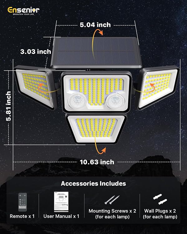 Motion Sensor Outdoor Solar Lights, Security Flood Lights 4-Head, 2-Pack by Ensenior - Used condition - Image 9