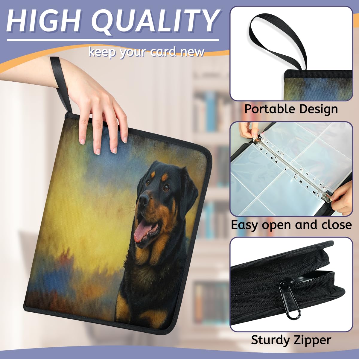 Raccoglitore per carte collezionabili con 4 tasche a forma di rottweiler, con tasche rimovibili, impermeabile, con cerniera, 50 pagine, capacità 400 carte