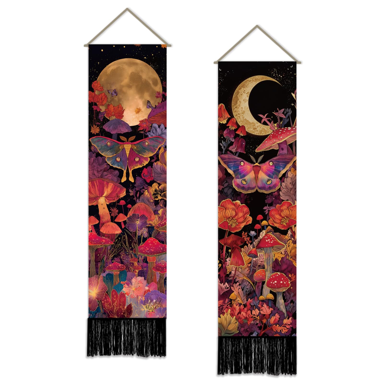 SUPERDANT 2Pc Vertical Tapestry Set 51x13 Inch/130x33cm Fairy Tale Forest Wall Hanging Boho Mystic Starry Sky Skinny Banner For Narrow Entryway Bedroom Decor Colorful
