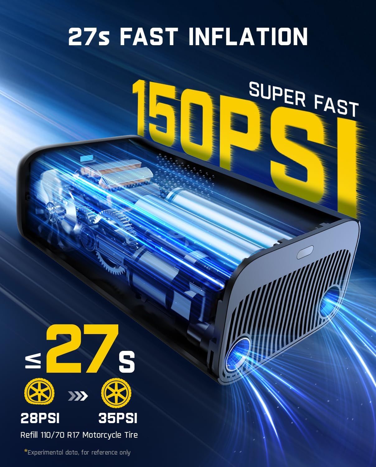 Fanttik X9 Pro showing 27s fast inflation and 150 PSI capability