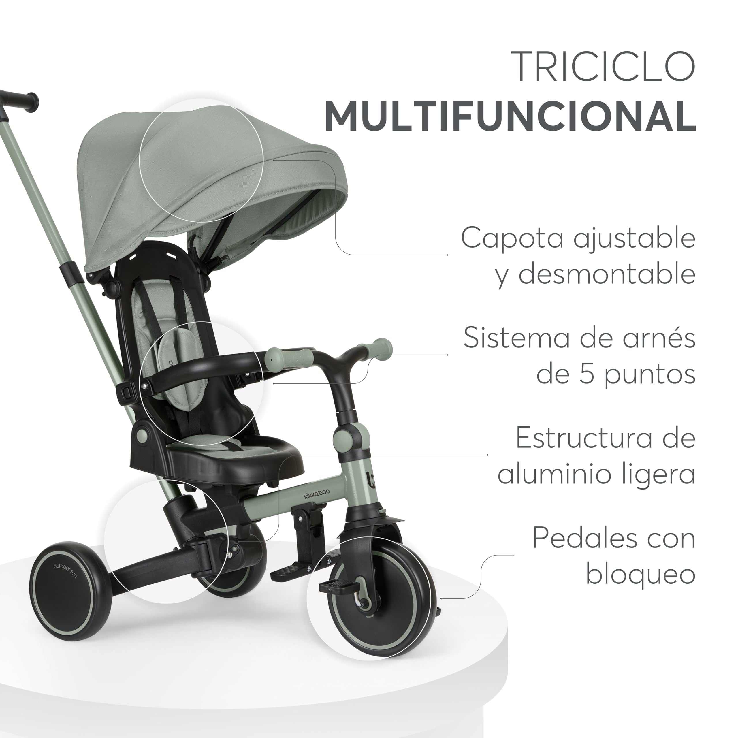 KikkaBoo Triciclo Evolutivo ALUMA 8 en 1, Triciclo Bebé Plegable con Manillar Padres, Asiento Reversible, Capota Ajustable, Arnés 5 Puntos, Marco Aluminio, Verde