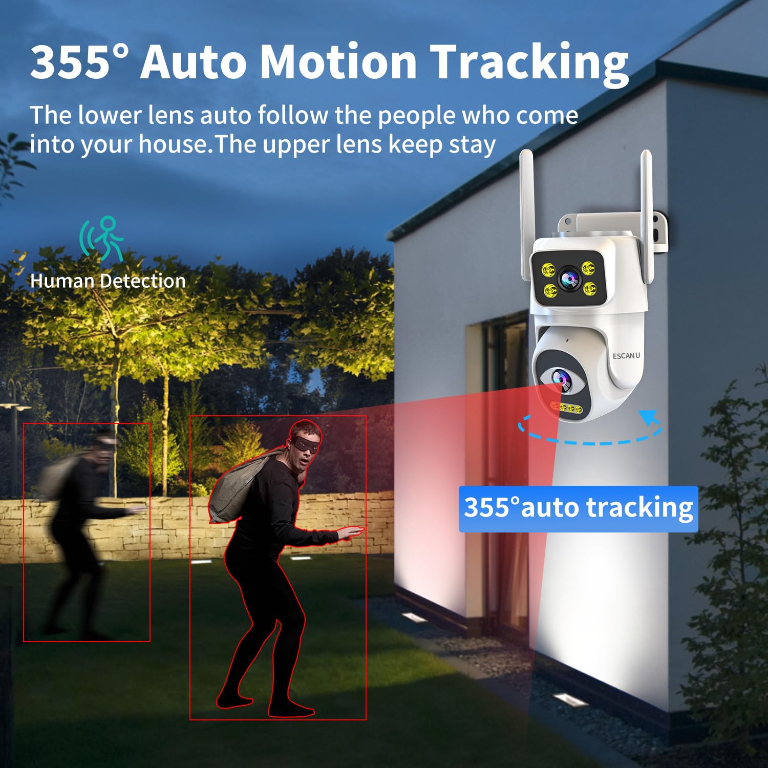 Telecamere a doppia lente per la sicurezza domestica, telecamera plug-in PTZ esterna 2.4G/5G, monitoraggio del movimento, visione notturna, registrazione continua 24/7, funziona con sistema di
