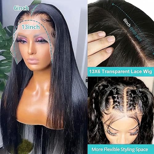 Miniatura 5 de Pelucas de cabello humano lacio con encaje frontal de 13 x 6 pulgadas, densidad del 150 %, lacio, HD, transparente, sin pegamento, para mujeres