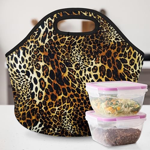 Miniatura 6 de Bolsa de almuerzo de neopreno con estampado de piel de leopardo, suave, lavable, reutilizable, aislada, ligera, para preparación de comidas, para
