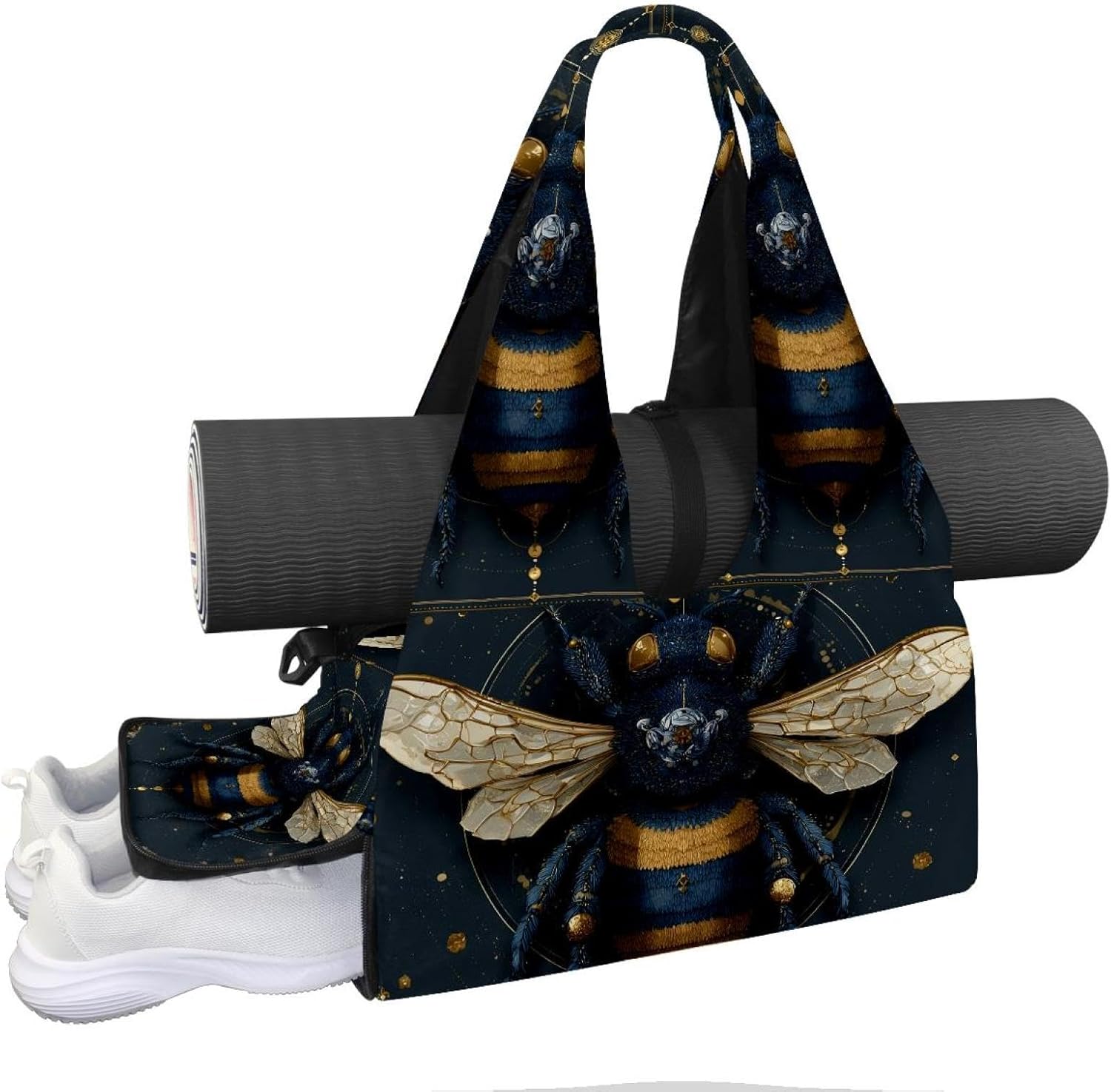 Yoga Mat Bag, Gym Workout Bag with Shoe Compartment, Bee Flower Pilates Bag for Women, Quick Access Storage Yoga Tote Bag for Sports Travel Office