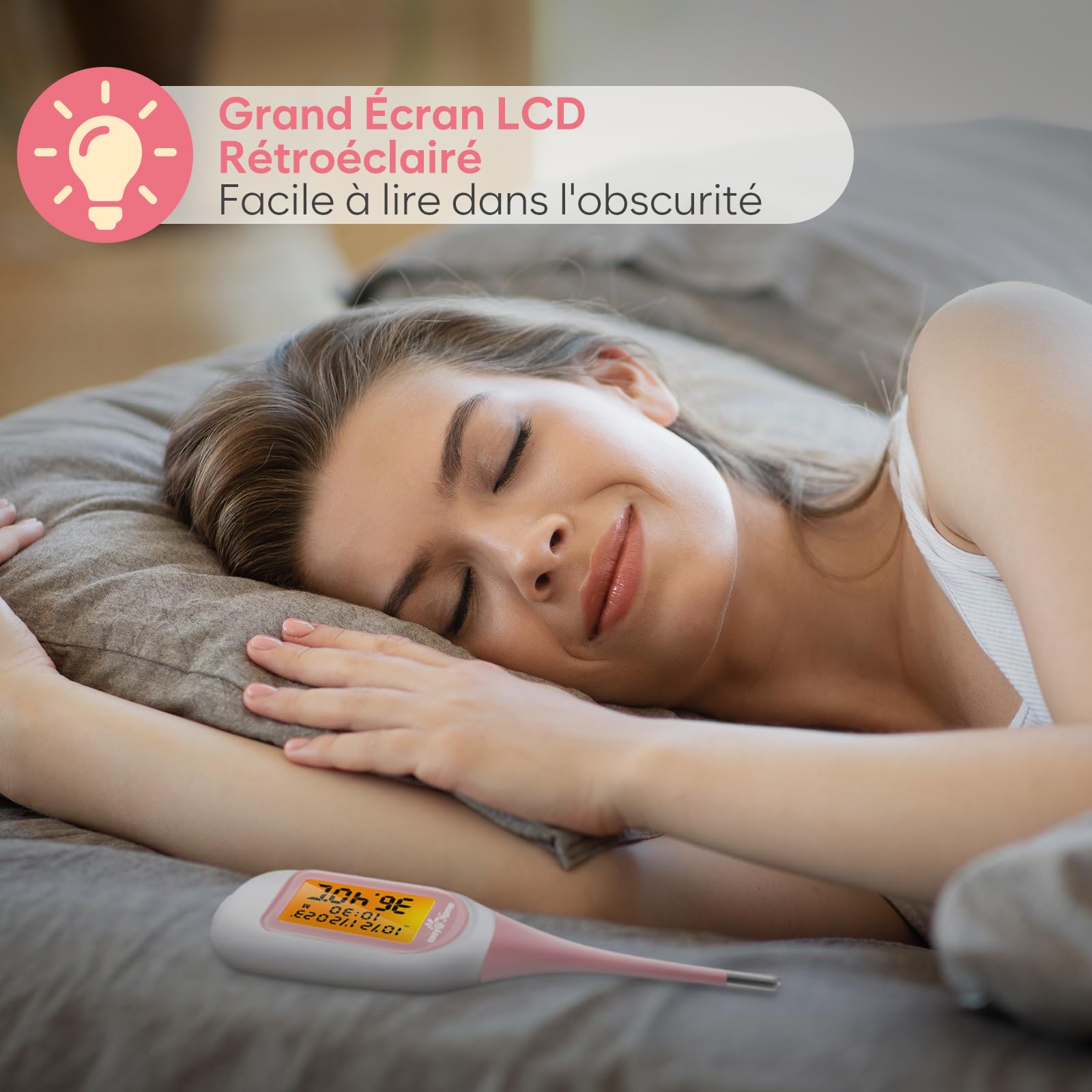 Easy@Home Thermomètre basal bluetooth suivi d'ovulation contrôle du cycle avec Premom APP Française (iOS et Android),1/100e de degré, thermomètre avec TBC Sync et rétroéclairage LCD (Rose)