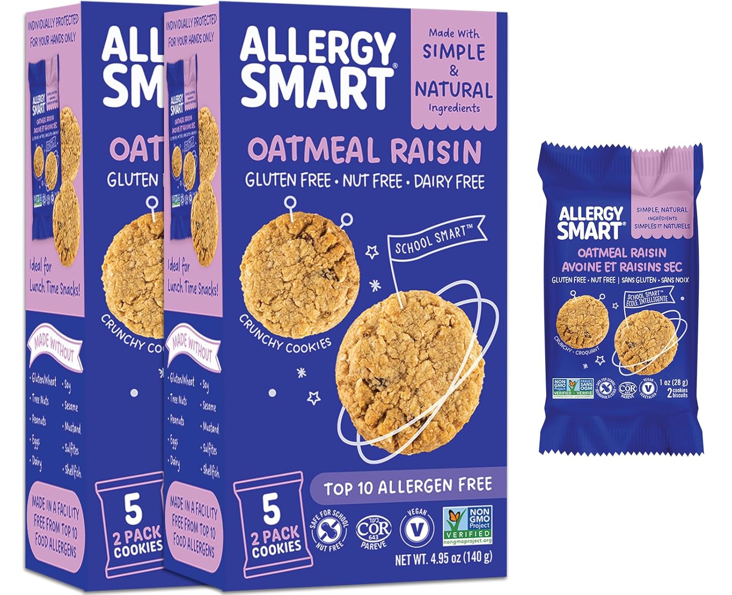 Allergy Smart Crunchy OATMEAL RAISIN Vegan Cookies | Gluten Free, Nut Free, Egg Free, Dairy Free, Non GMO, Kosher, Celiac Safe | Delicious Plant Based School Snack for Kids & On the Go | 10 INDIVIDUALLY WRAPPED (1oz) 2 Packs | 2 Boxes