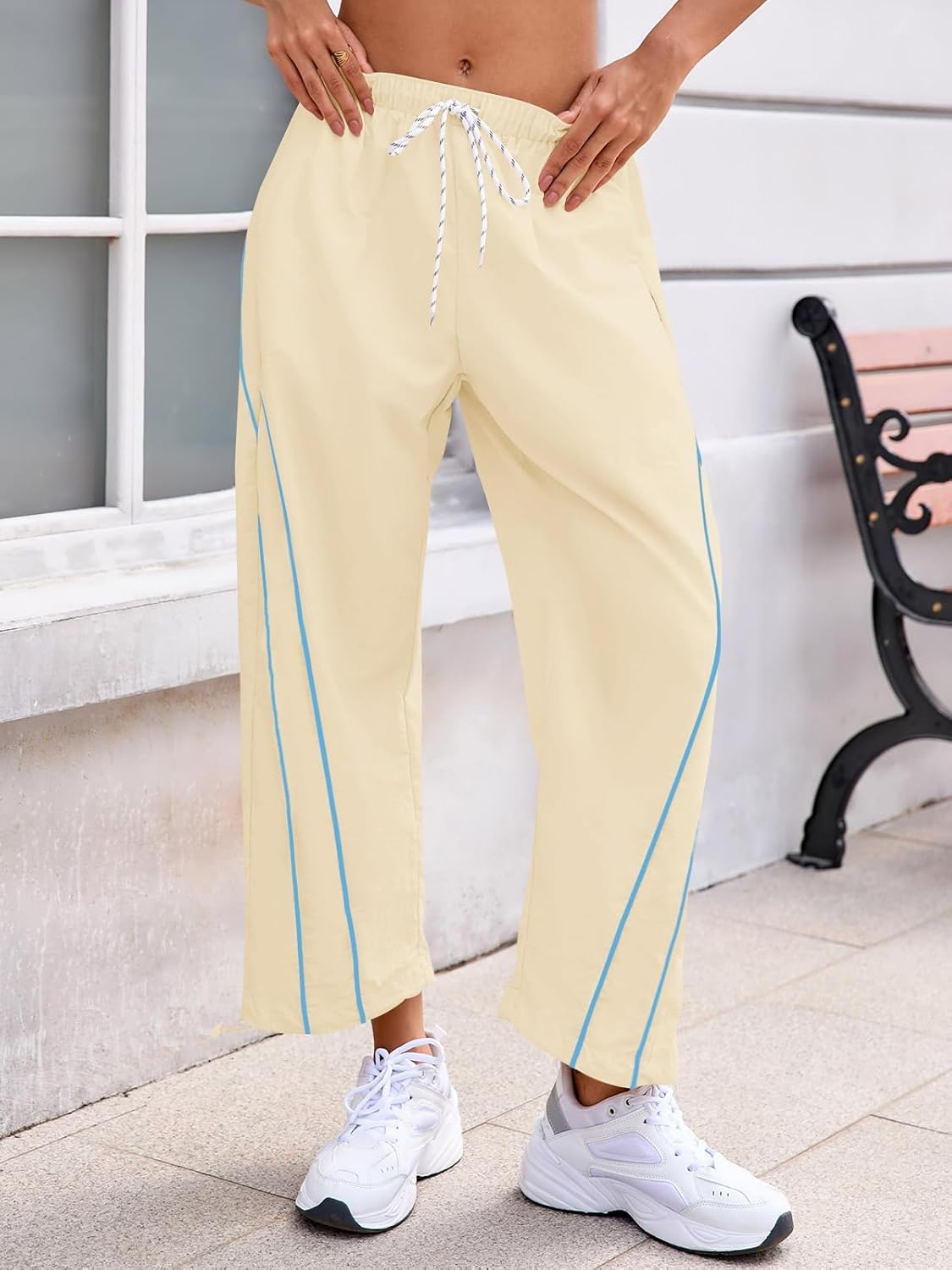 Fisoew Womens Baggy Wide Leg Pants Casual Elastic Waist Drawstring Hiking Workout Cropped Pants with Pockets