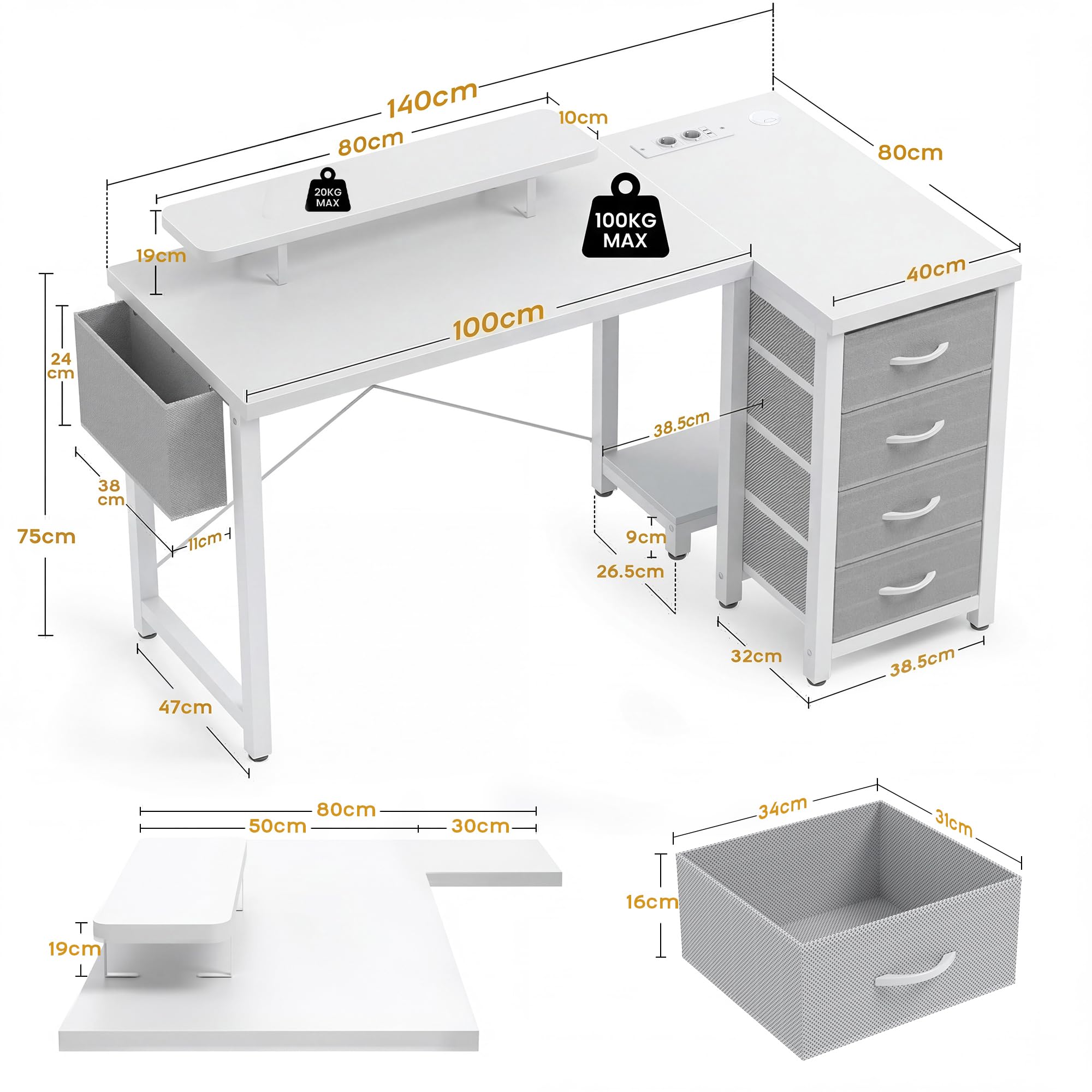 Claiks Schreibtisch L Form mit 4 Stoff Schubladen, 140x80 cm Eckschreibtisch mit USB-Ladeanschluss und Steckdose, L förmiger Schreibtisch mit Monitorablage für Büro, Weiß
