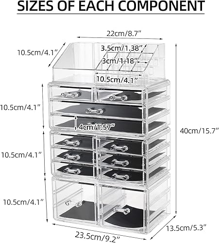 Miniatura 5 de display4top Organizadores de maquillaje acrílico, 4 vitrinas de cosméticos con 12 cajones para lápiz labial y joyas, gran tocador, tocador,