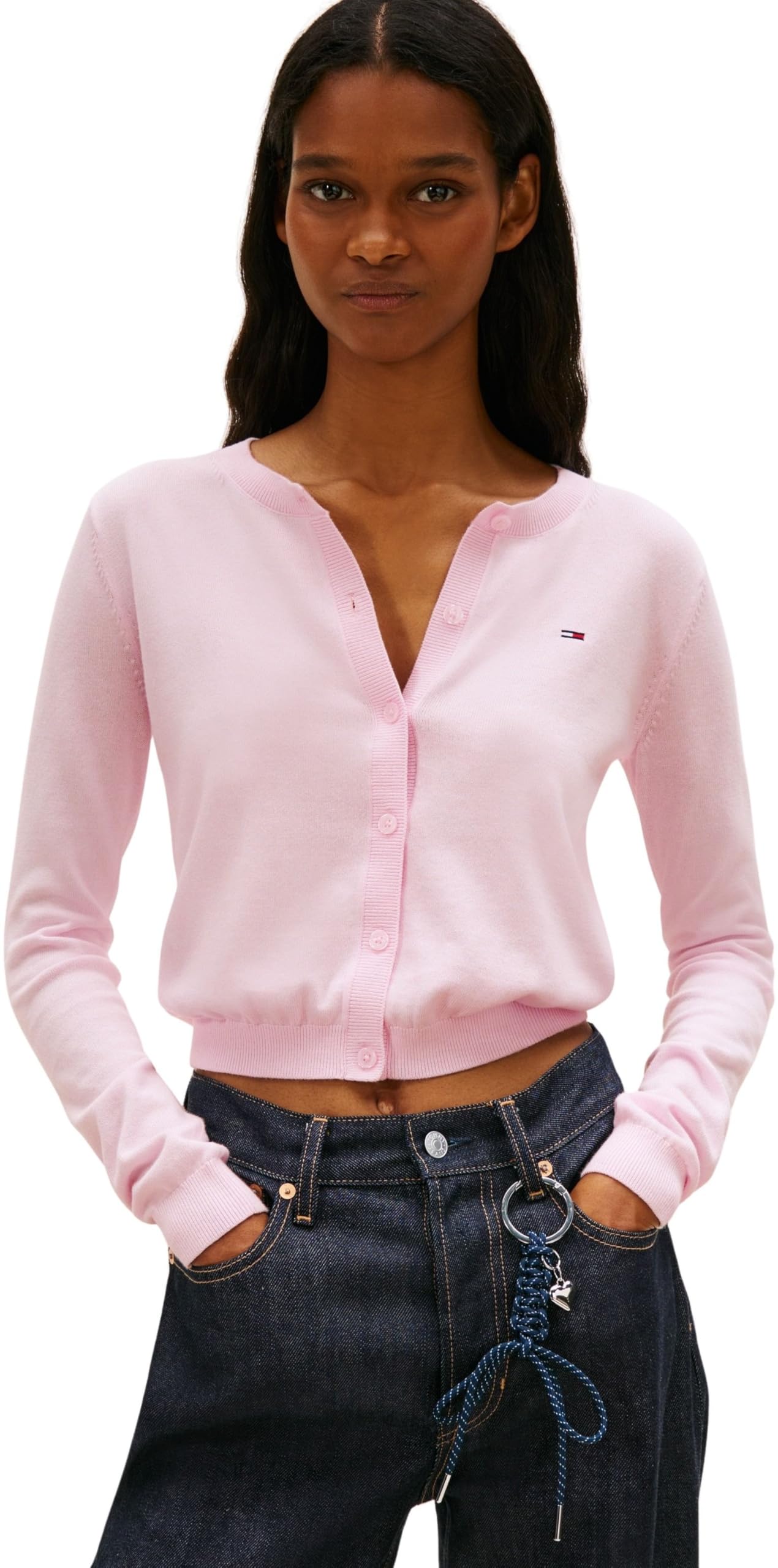 Tommy Hilfiger Women's Pink Ribbed Slim Crew Neck Cardigan