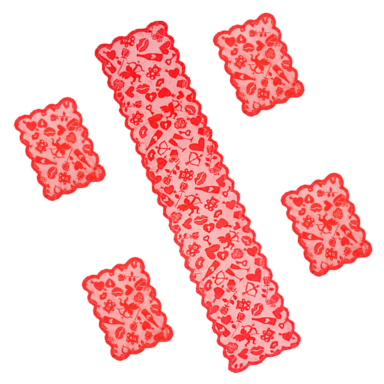 JTQYFI 5 Set Valentine ' s Theme Lace Table Cover and Placemats for Celebrations Cafes Festives Valentines Day Table Runner