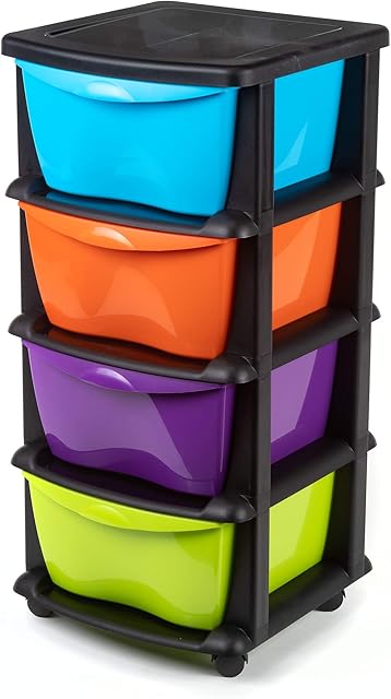 Maxi Nature Plastic Storage Drawers on Wheels - Sturdy Frame, Durable, Heavy Duty Organiser - 4 Tier Large Storage Unit for Bedroom, Bathroom, Garage, Office - Made in Europe - Multicolour