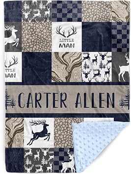 Personalized Baby Blanket with Name Woodland Antlers Theme Navy Soft Receiving Blanket for Newborn Boys Girls, Custom, Cozy Nursery Decor for Toddlers