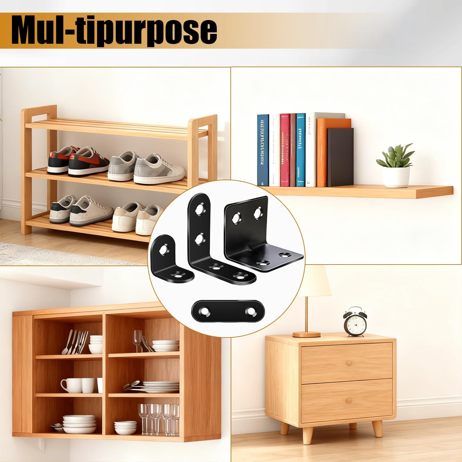 100PCS L Brackets for Shelves & Flat Plate Straight Bracket,Black Stainless Steel Shelf Brackets,L Shape Heavy Duty Metal Corner Brace for Wood Furniture Cabinet Chair