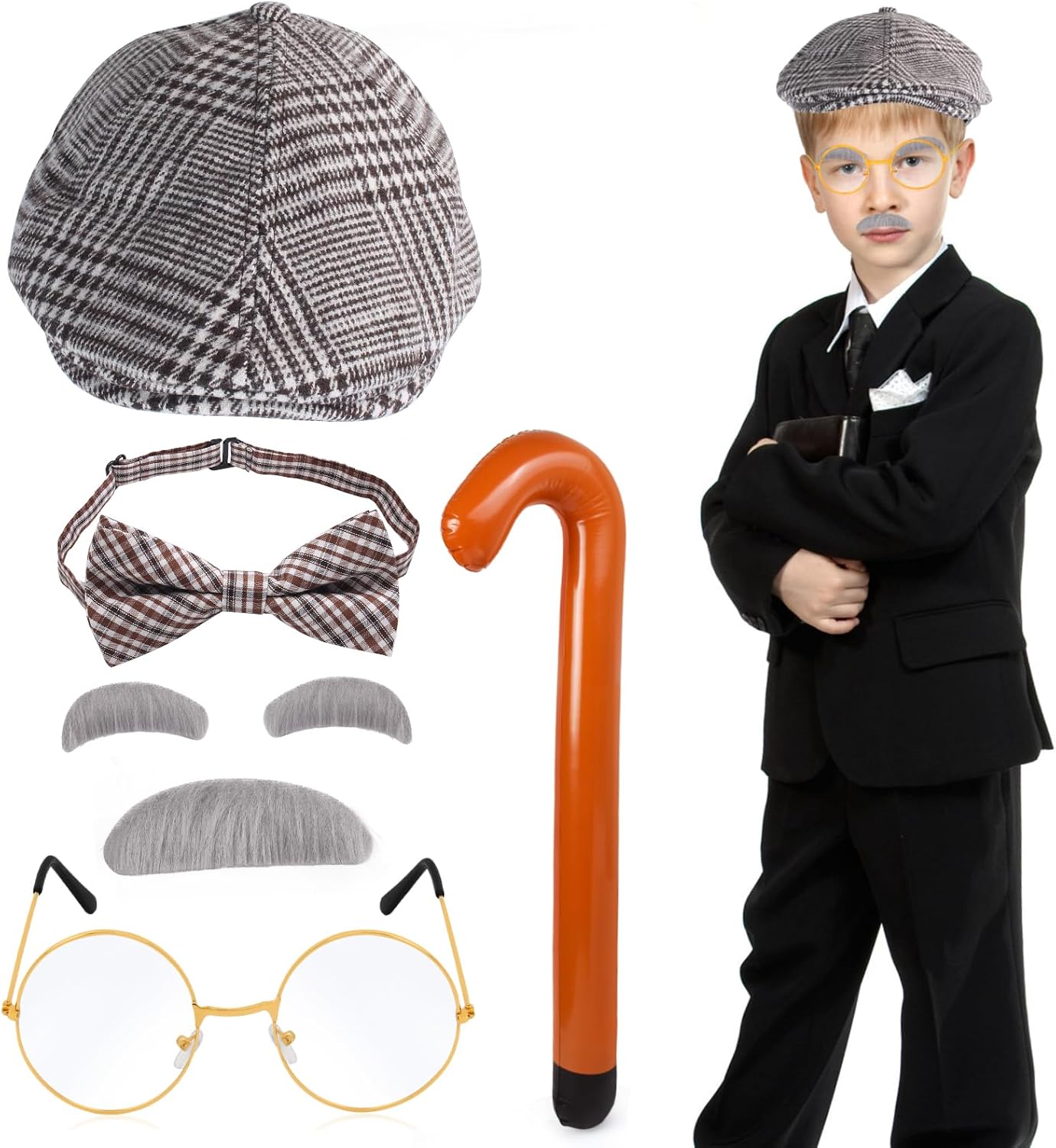 Yewong Kids Old Man Costume Grandpa Accessories Beret Hat Mustache Eyebrows Inflatable Cane Glasses Bowite Set