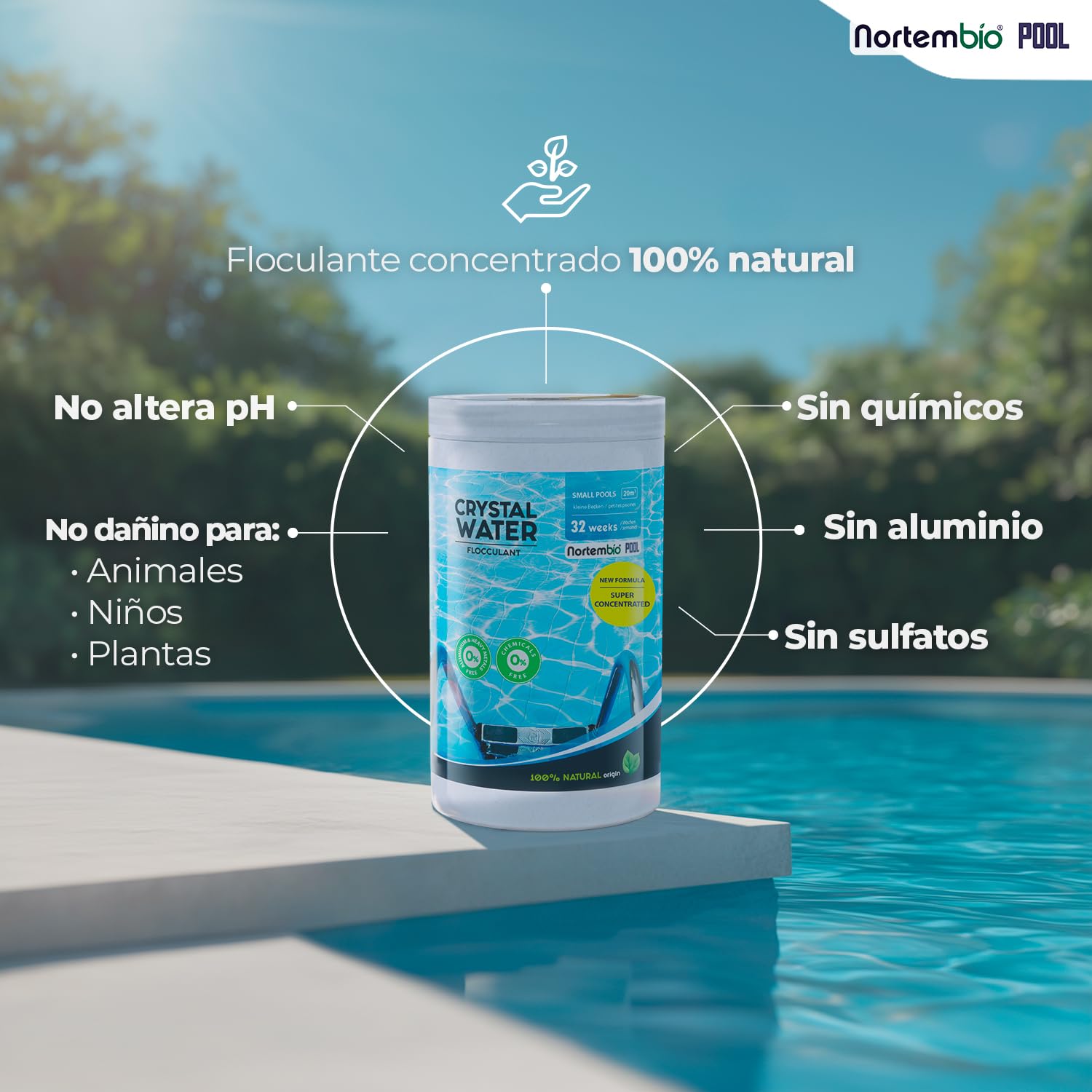Nortembio Floculante Piscina Concentrado Clarificante Agua Turbia Piscina Pequeña Formato Ahorro 8 Semanas 100% Natural + Gratis eBook Usos y Consejos