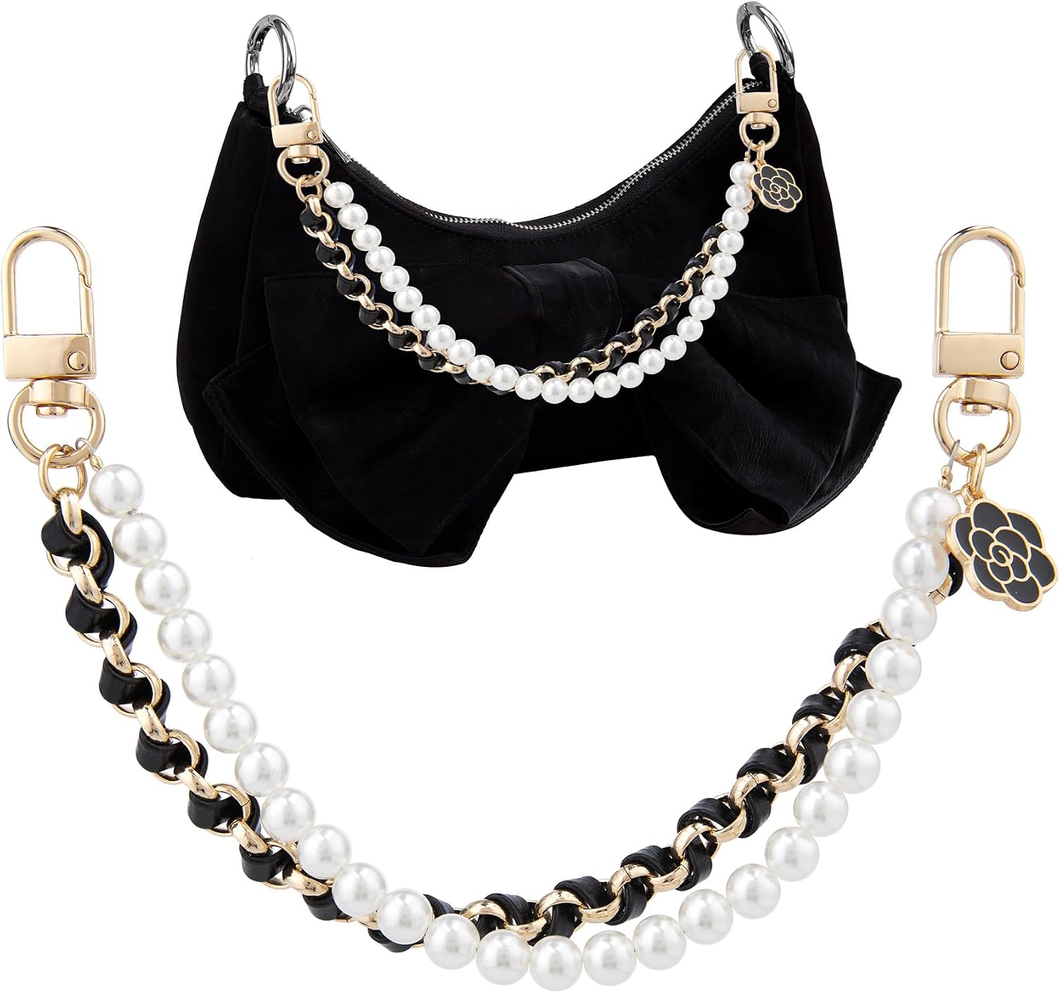 Mxxipp Pearl Purse Chains, Gold Metal Double Chain Bag Charm, Bag Straps Short Handle Replacement Charms Accessories for Handbag Messenger Bags Wallets- Black