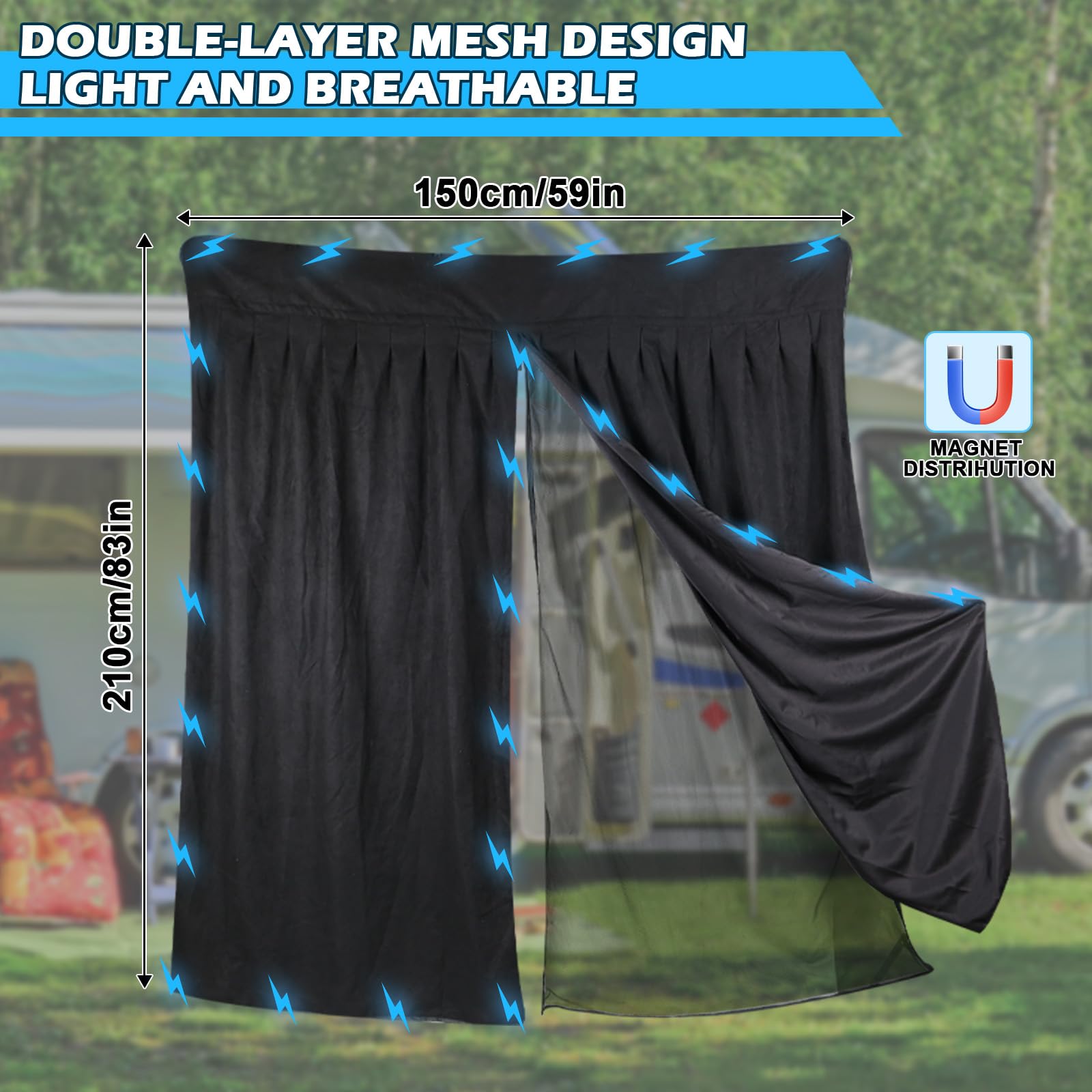 Magnetic Van Bug Screen for RV and Other Campervans, Double Layer Design Bug Mesh Customized for Sprinter, Ford Transit Van, Promaster Camper, GMC Savana, Rear Door Mosquito Net Center Zipper Closure