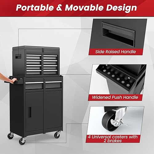 Miniatura 7 de ERGOMASTER Caja de herramientas con ruedas resistente con gabinete de 5 cajones para armario con cerradura y extraíble para garaje y taller - negro