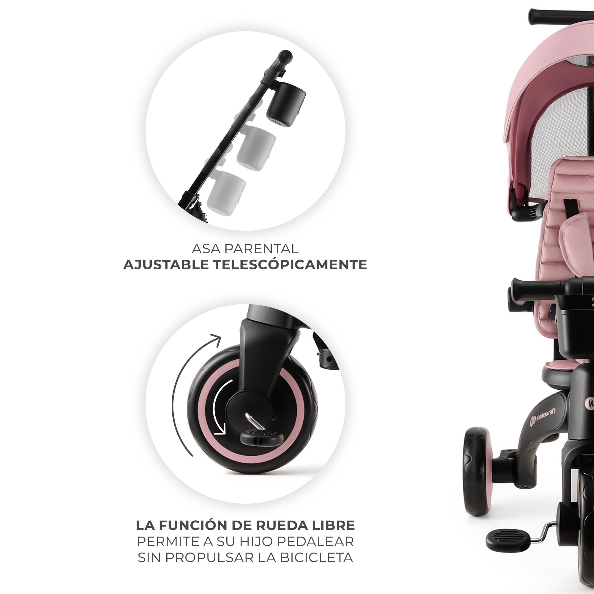 Kinderkraft JAZZ2 Triciclo 6 en 1, con función de Rueda para niños, Cochecito Plegable con Accesorios, protección UV UPF50+, de 9 Meses a 5 años, Rosa