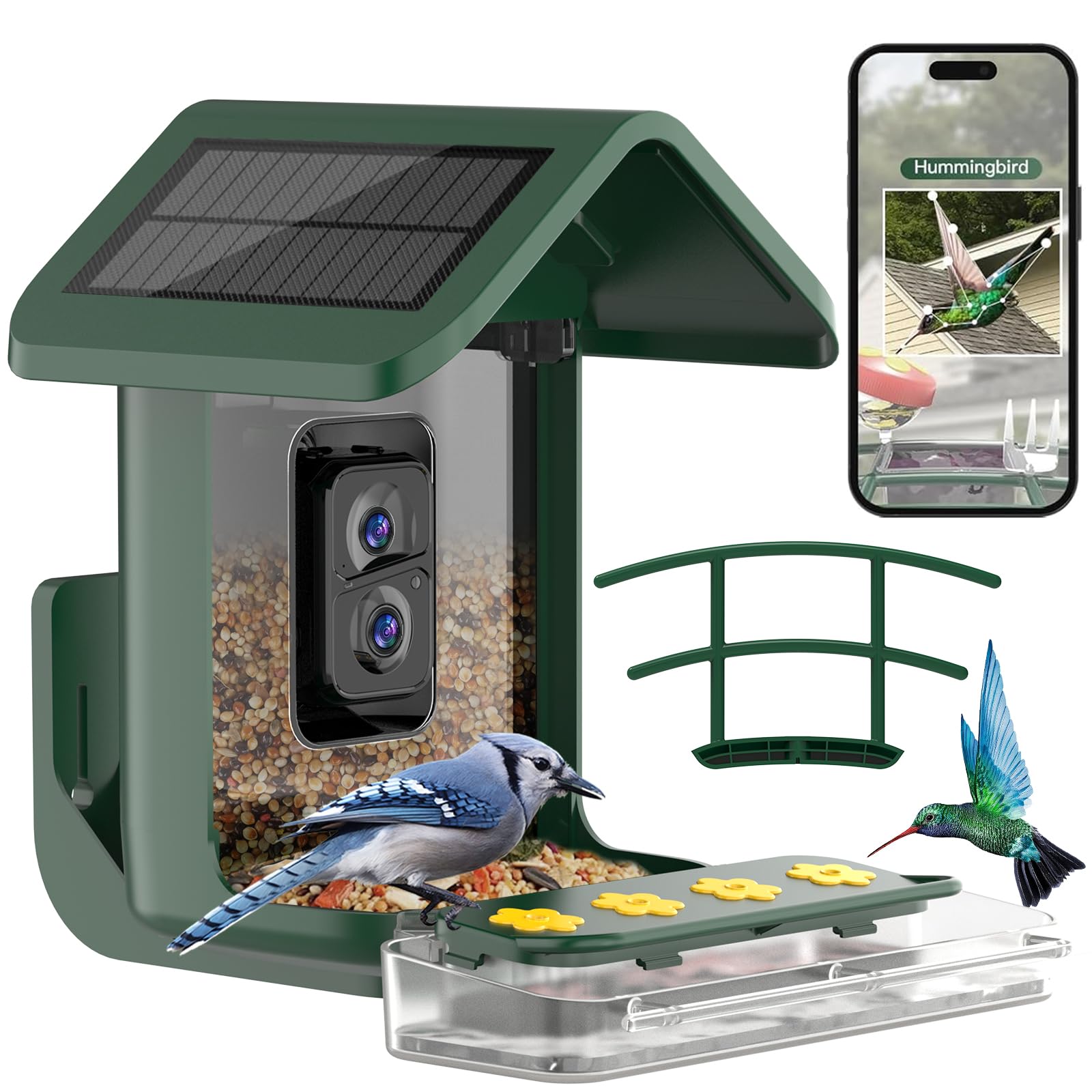 Comedero para pájaros con cámara, cámara alimentadora de colibríes alimentada por energía solar, captura automática inteligente de video y notificación de pájaros, regalo para los amantes de los