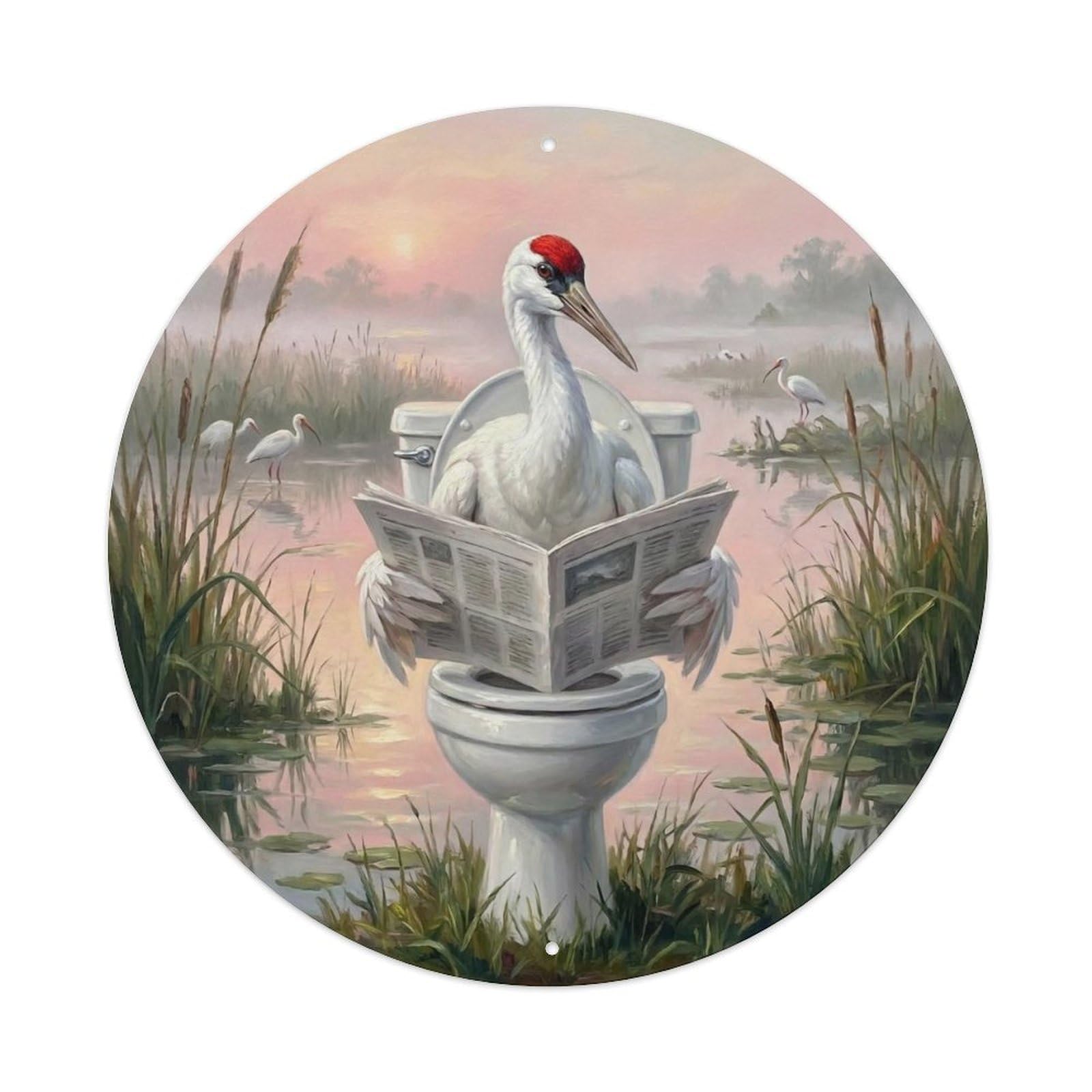 Crane On Toilet Humorous Bathroom Misty Rice Paddy Metal Tin Sign