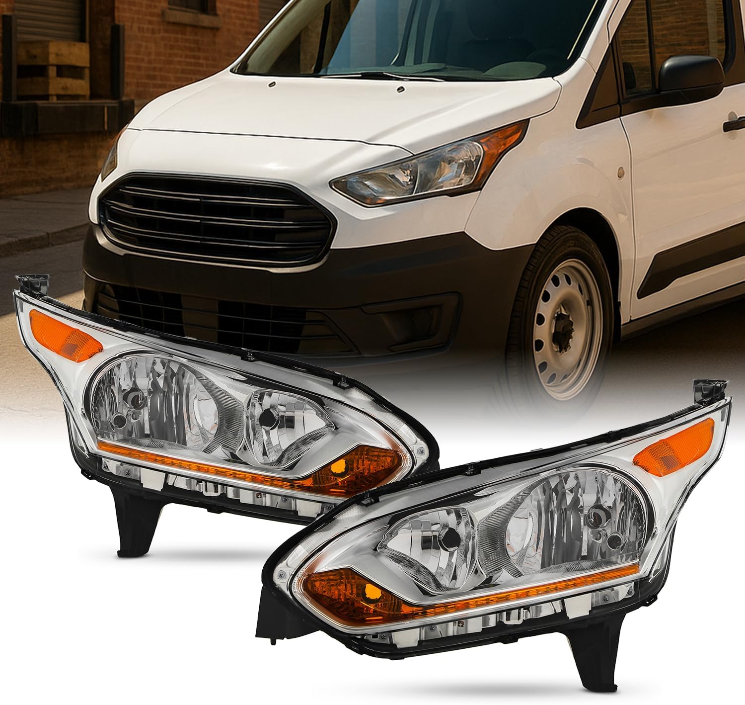 AKKON - Fit 2014 2015 2016 2017 2018 Ford Transit Connect 14-18 Halogen Type Headlight Headlamp Driver Passenger OE Left Chrome Housing Direct Replacement