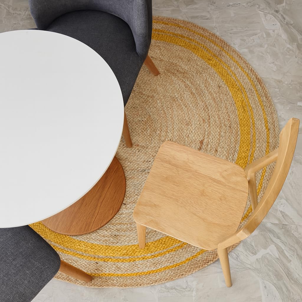 Tapis Rond en Jute tressé à la Main pour décoration d'intérieur, Beige + Jaune (180x180 cm Round)