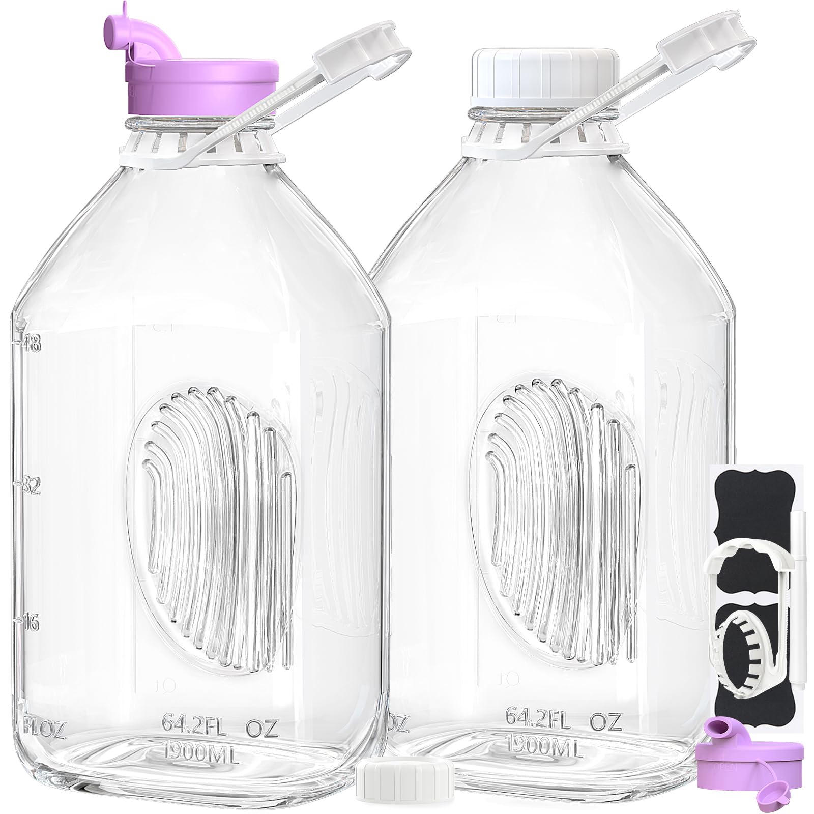 2 Pack 64 Oz Heavy Duty Glass Milk Bottle with 1 Silicone Spout and 3 Reusable Airtight SCREW LID, 2 Qt Glass Water Bottle with 2 Exact Scale Lines - Milk Jug Pitcher - 1/2 Gal Juice Bottles