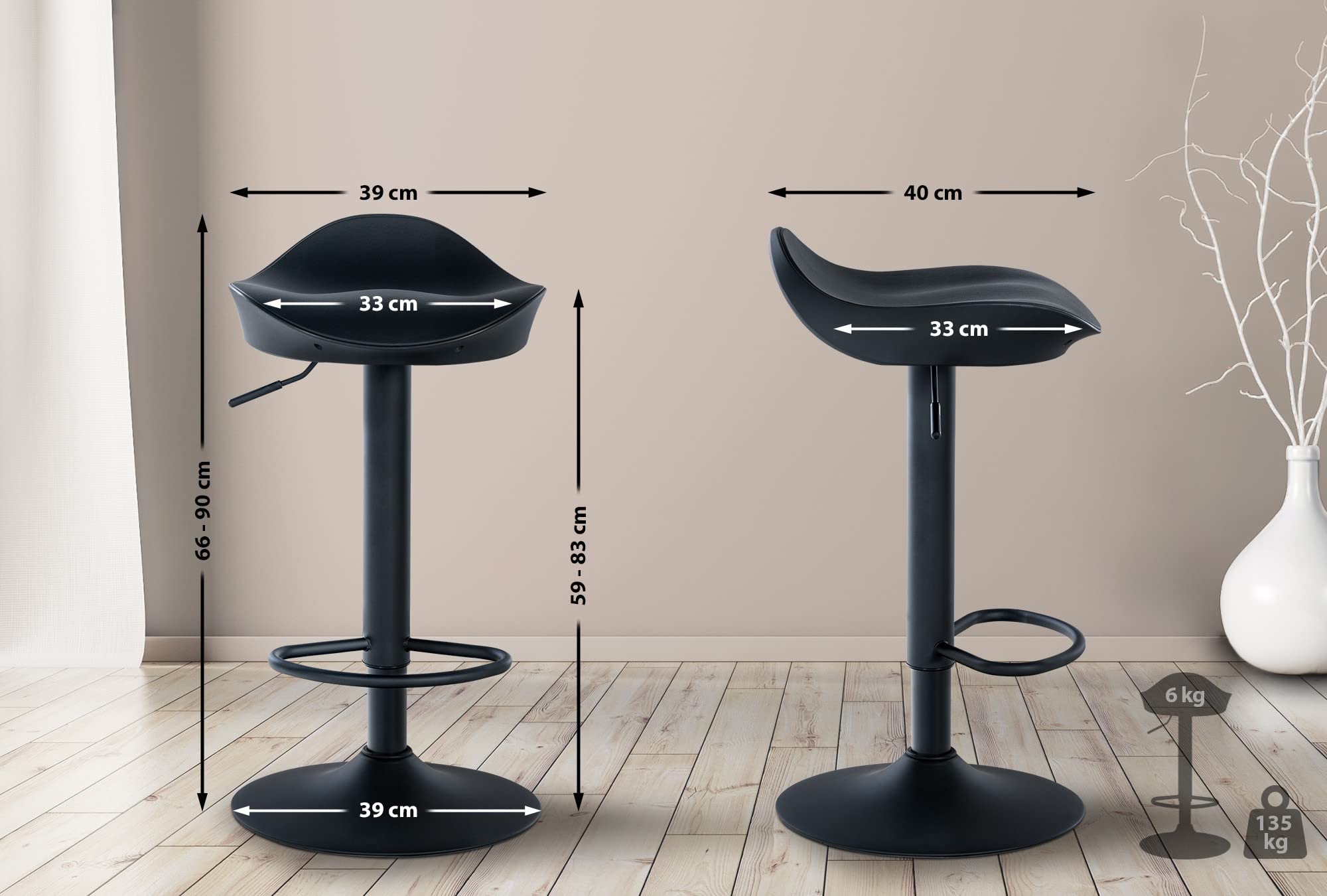 CLP 2er Set Barhocker Alisson - Höhenverstellbar Mit Fußstütze 360 Grad Drehbar - Tresenhocker Ergonomisch, Farbe:schwarz