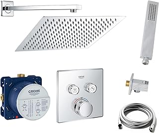 vanvilla Duschsystem mit Unterputz Duscharmatur von GROHE Smartcontrol Thermostat und vanvilla Regendusche mit Armatur mit Thermostat, Duschkopf eckig, Dusch-Set G02 poliert