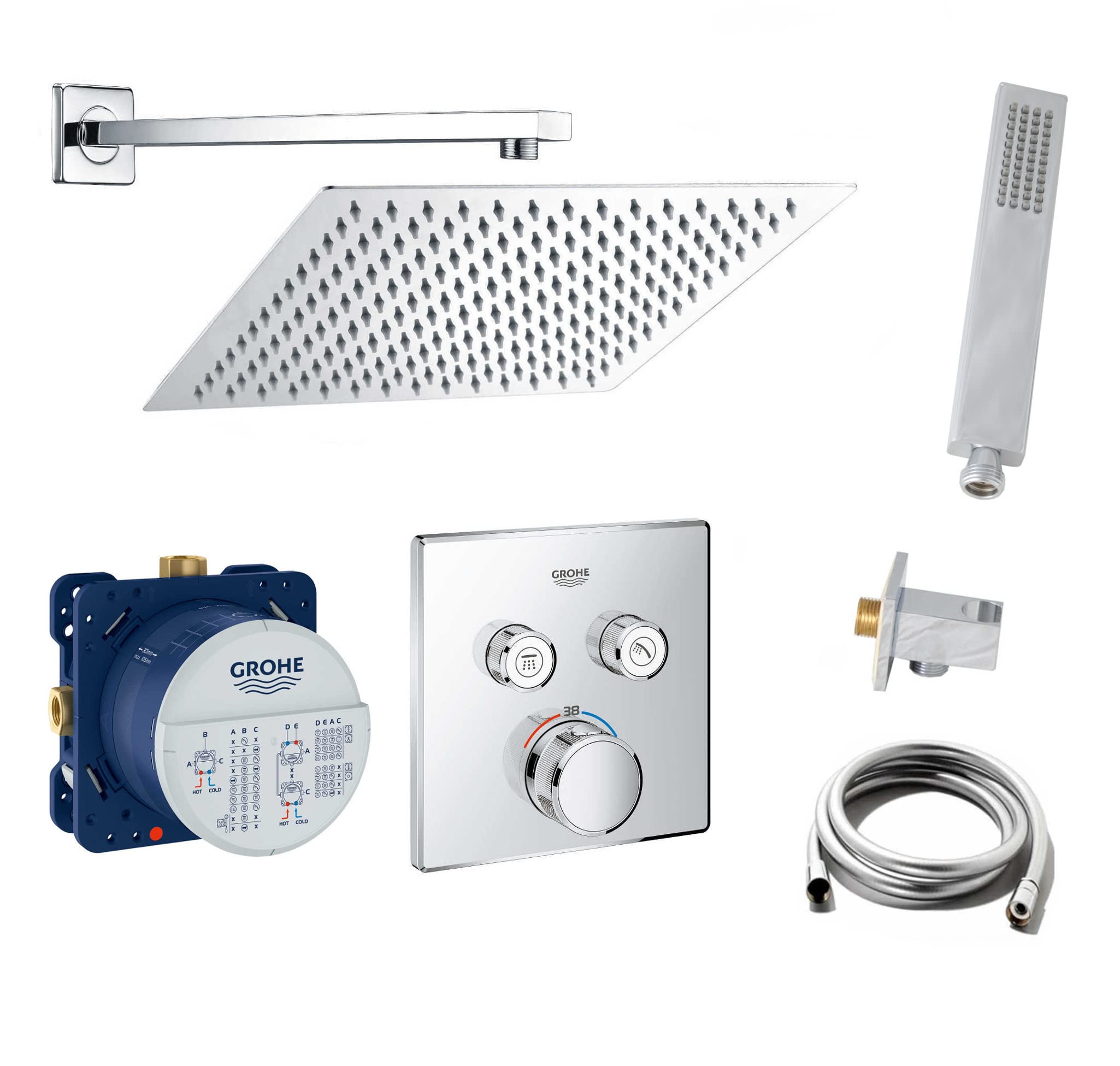 vanvilla Duschsystem mit Unterputz Duscharmatur von GROHE Smartcontrol Thermostat und vanvilla Regendusche mit Armatur mit Thermostat, Duschkopf eckig, Dusch-Set G02 poliert