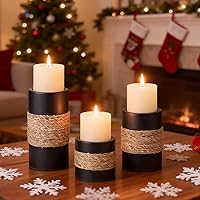 Vista 3 de Portavelas de pilar de madera natural, 3 portavelas rústicos, portavelas decorativos con acento de cuerda natural, portavelas de madera envejecida