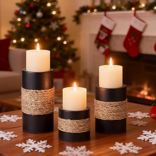 Miniatura 3 de Portavelas de pilar de madera natural, 3 portavelas rústicos, portavelas decorativos con acento de cuerda natural, portavelas de madera envejecida