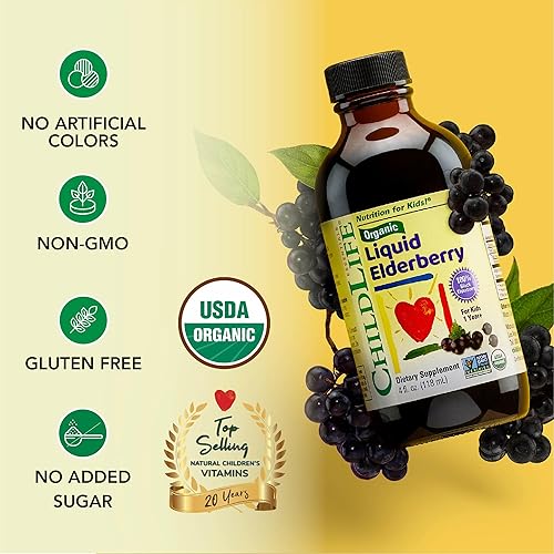 Miniatura 4 de CHILDLIFE Essentials Jarabe de saúco orgánico para niños, saúco líquido para niños pequeños, gotas de extracto de saúco, tintura para bebés, niños