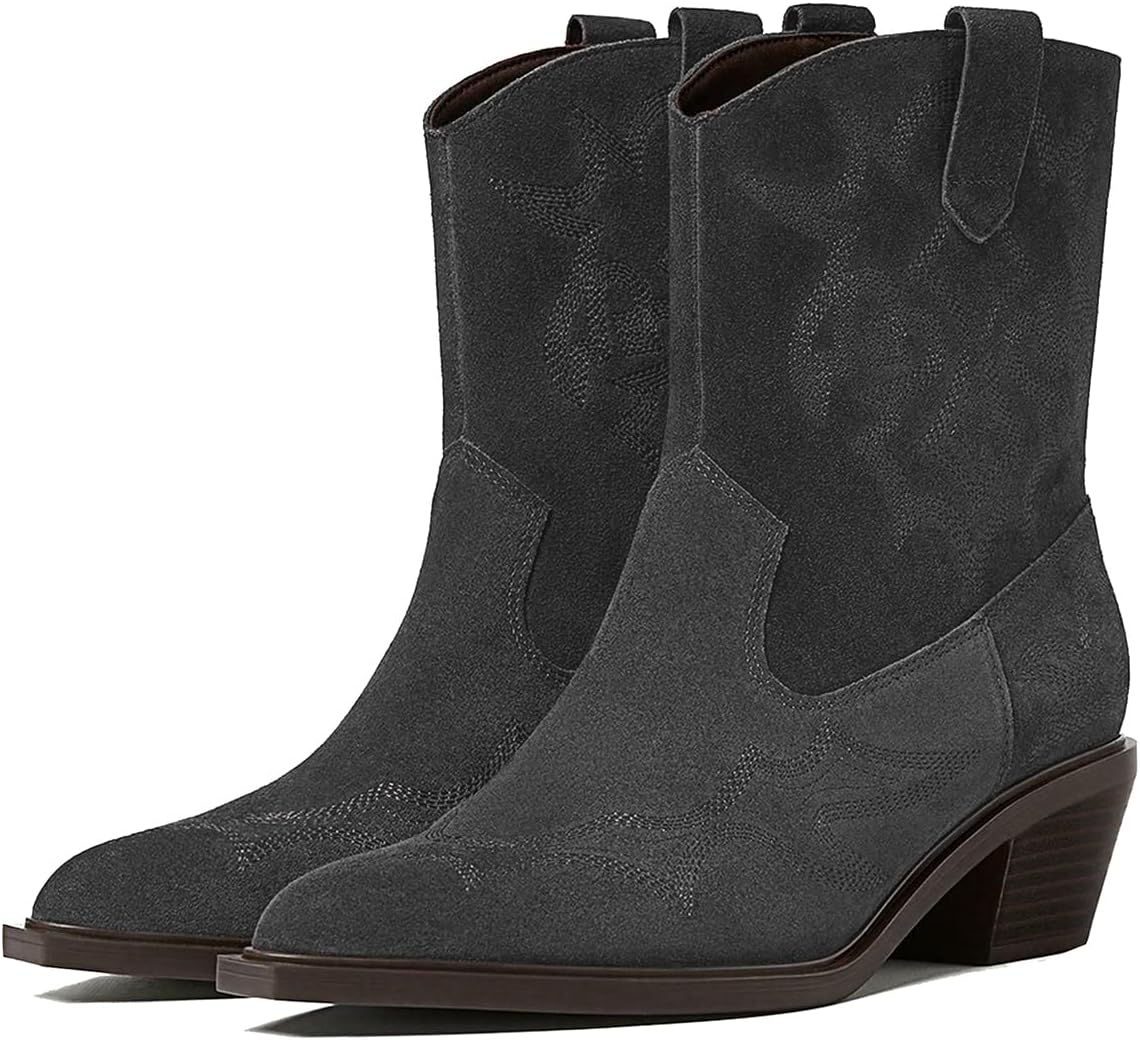 Women Chunky Stacked Heel Western Ankle Booties Embroidered Suede Pointed Toe Mid Calf Cowboy Boots Pull On Block Heels Short Dress Boots Stretchy Fall Winter Retro Party Office 4-11 M US