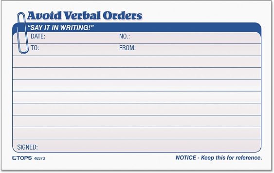 Avoid Verbal Orders Manifold Book, 6 1/4 x 4 1/4, 2-Part Carbonless, 50 Sets/BK, Sold as One Each