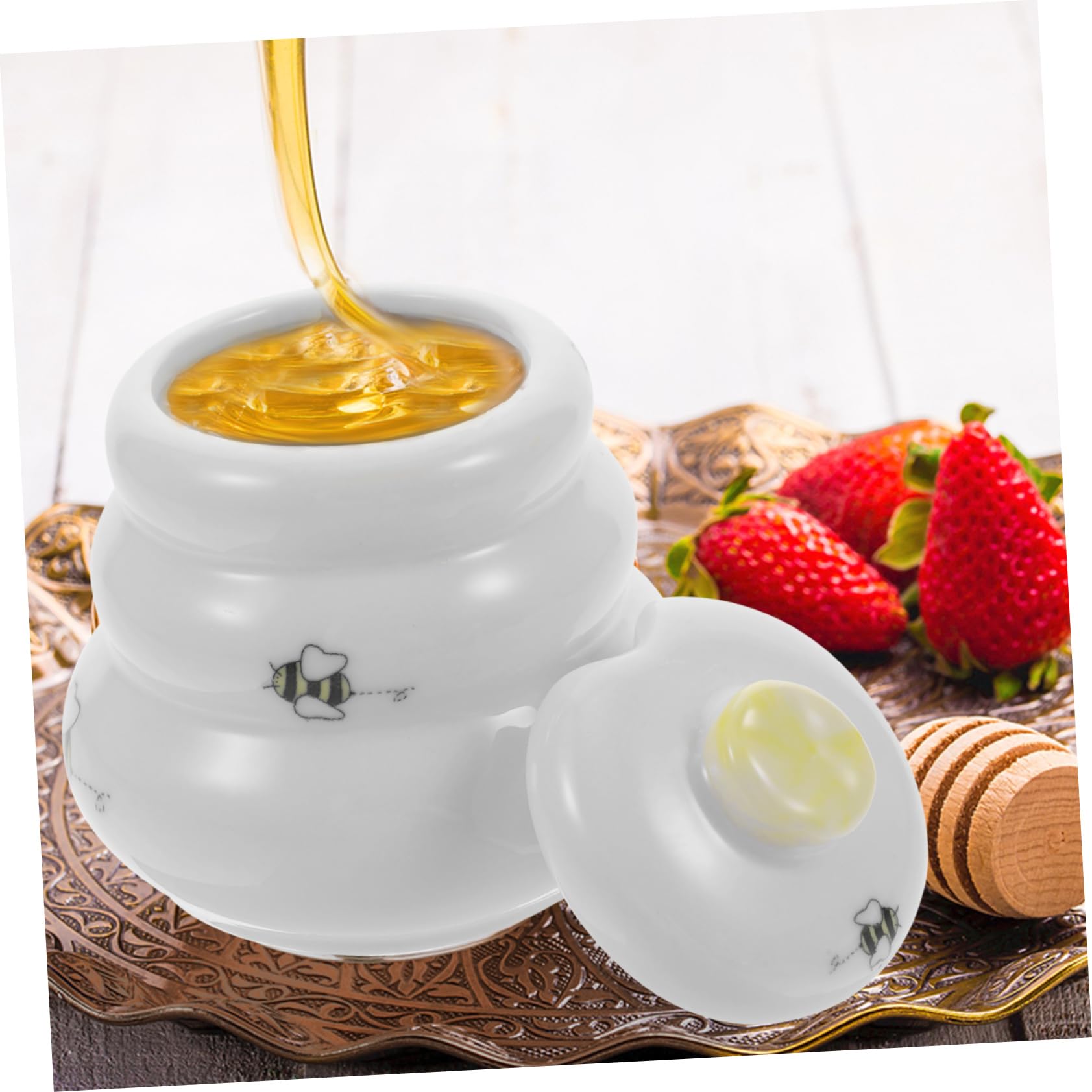 PRETYZOOM Honey Jar with Honey Stick Lidded Honey Container Ceramic Cute Honey Dispenser Adorable Jar Desktop Ceramic Honey Pot Syrup Jars Ceramic Kitchen Honey Storage Jar Ceramic Honey Jar