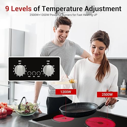 Miniatura 2 de Placa de cocina eléctrica, 2 quemadores, estufa eléctrica doble de 21 pulgadas, control de perilla mecánica integrada de 3700 W, estufa de cerámica