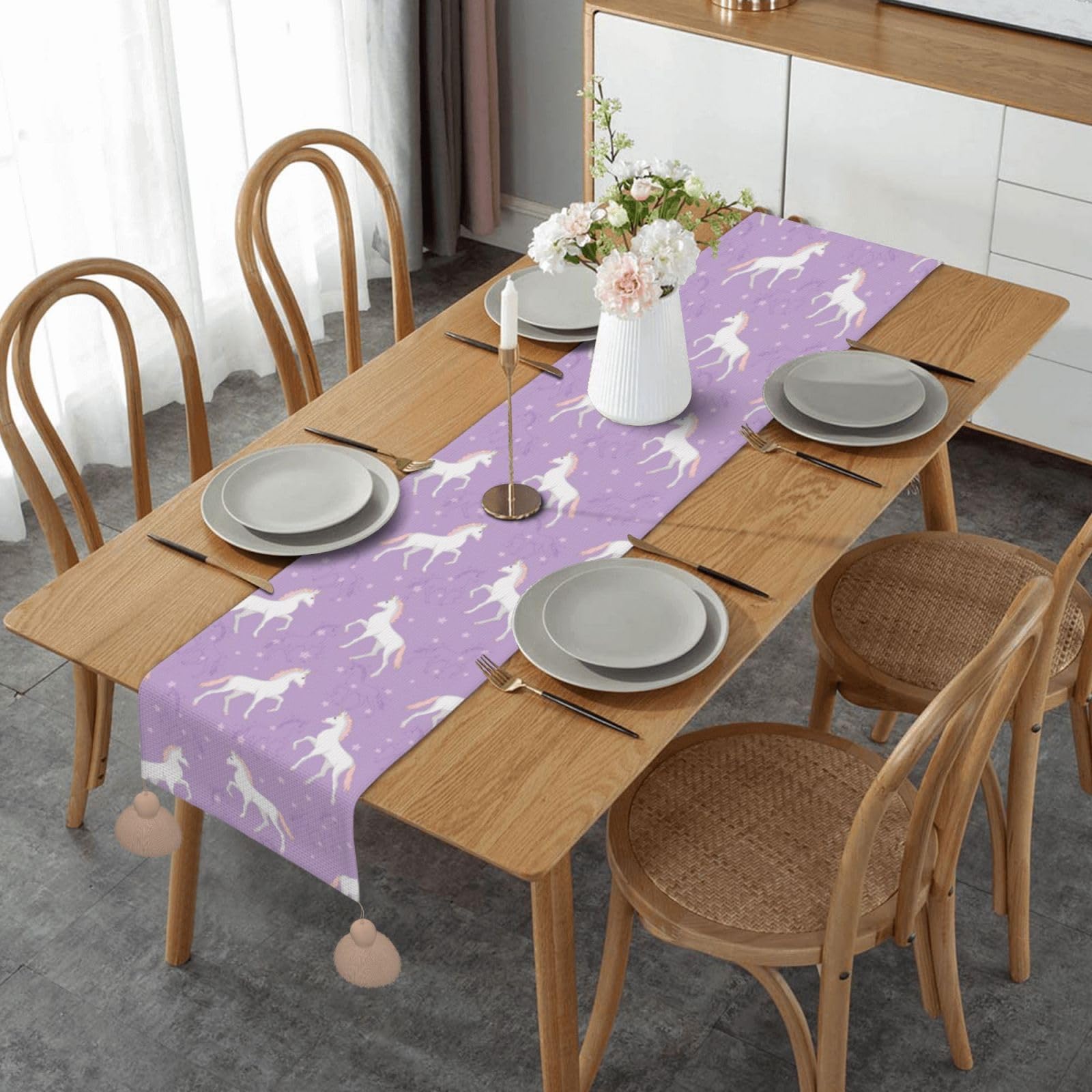 Chemin de table licorne mignon en lin, nappe de décoration pour table basse et repas de Noël