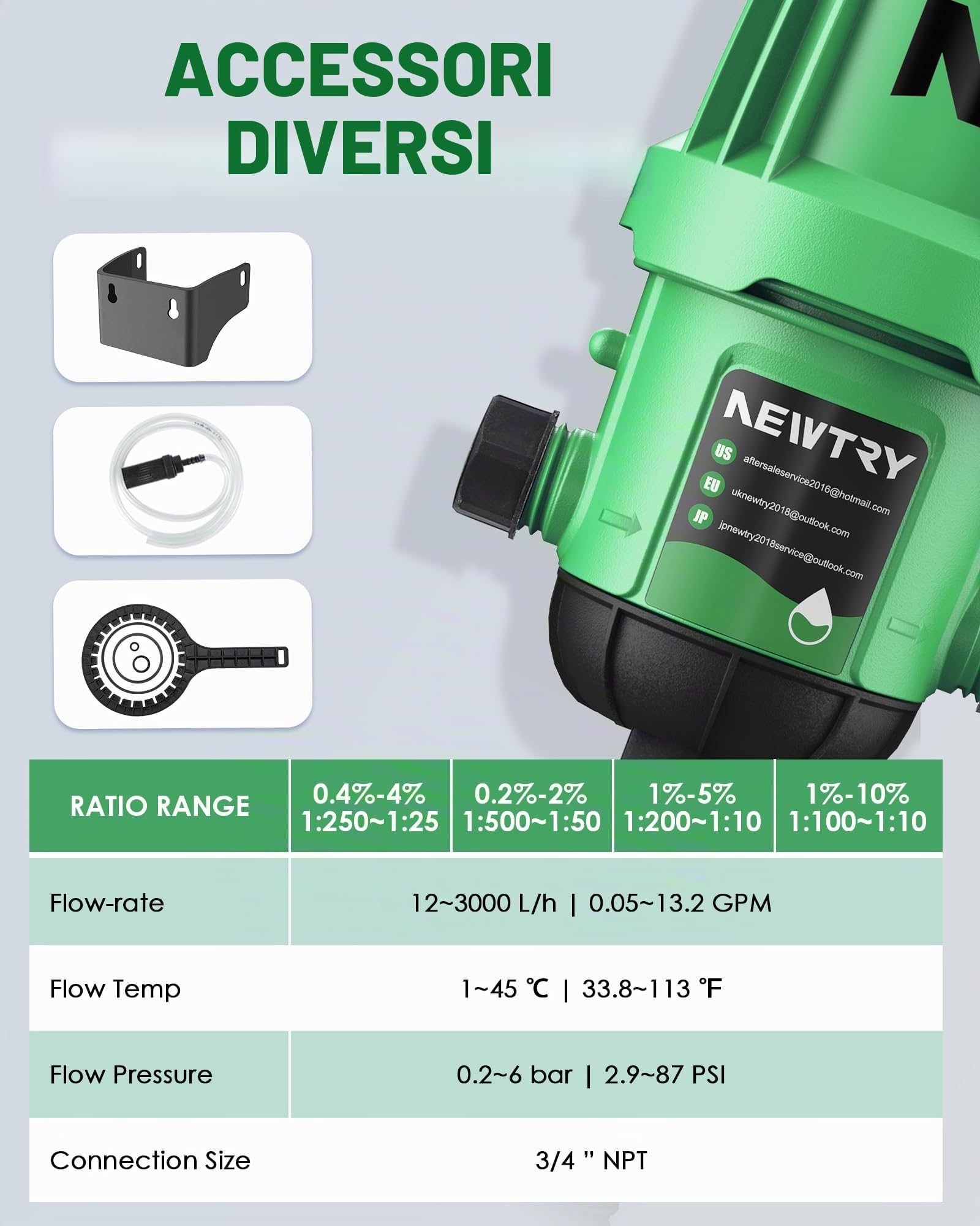 NEWTRY Iniettore per fertilizzante per irrigazione a goccia, pompa proporzionale regolabile 0,2 ~ 2%, pompa dosatrice ad acqua NPT da 3/4" per giardino, irrigazione e sistema idroponico, fattoria