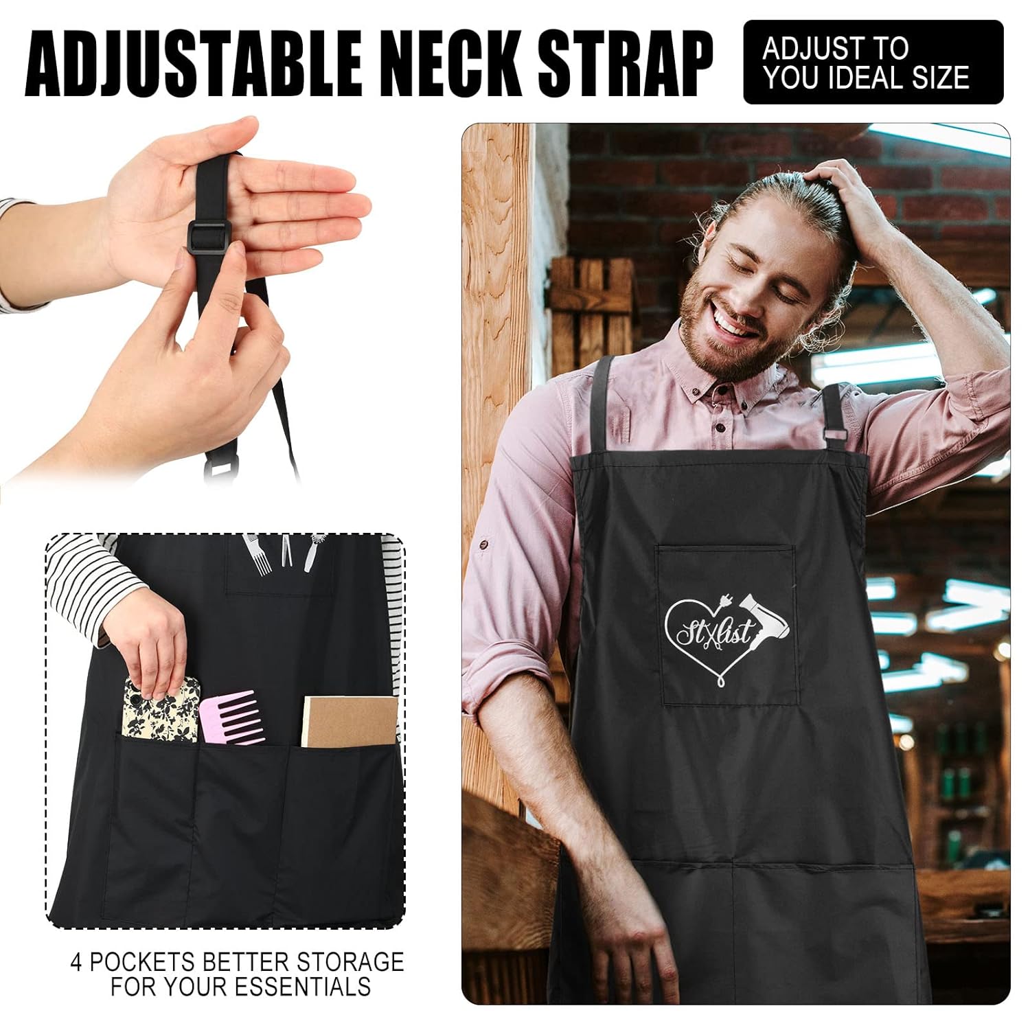 Janmercy 4 Pcs Hair Stylist Apron with 4 Pockets Waterproof Salon Aprons for Hairdresser Cosmetologist Apron(Black) - Image 2