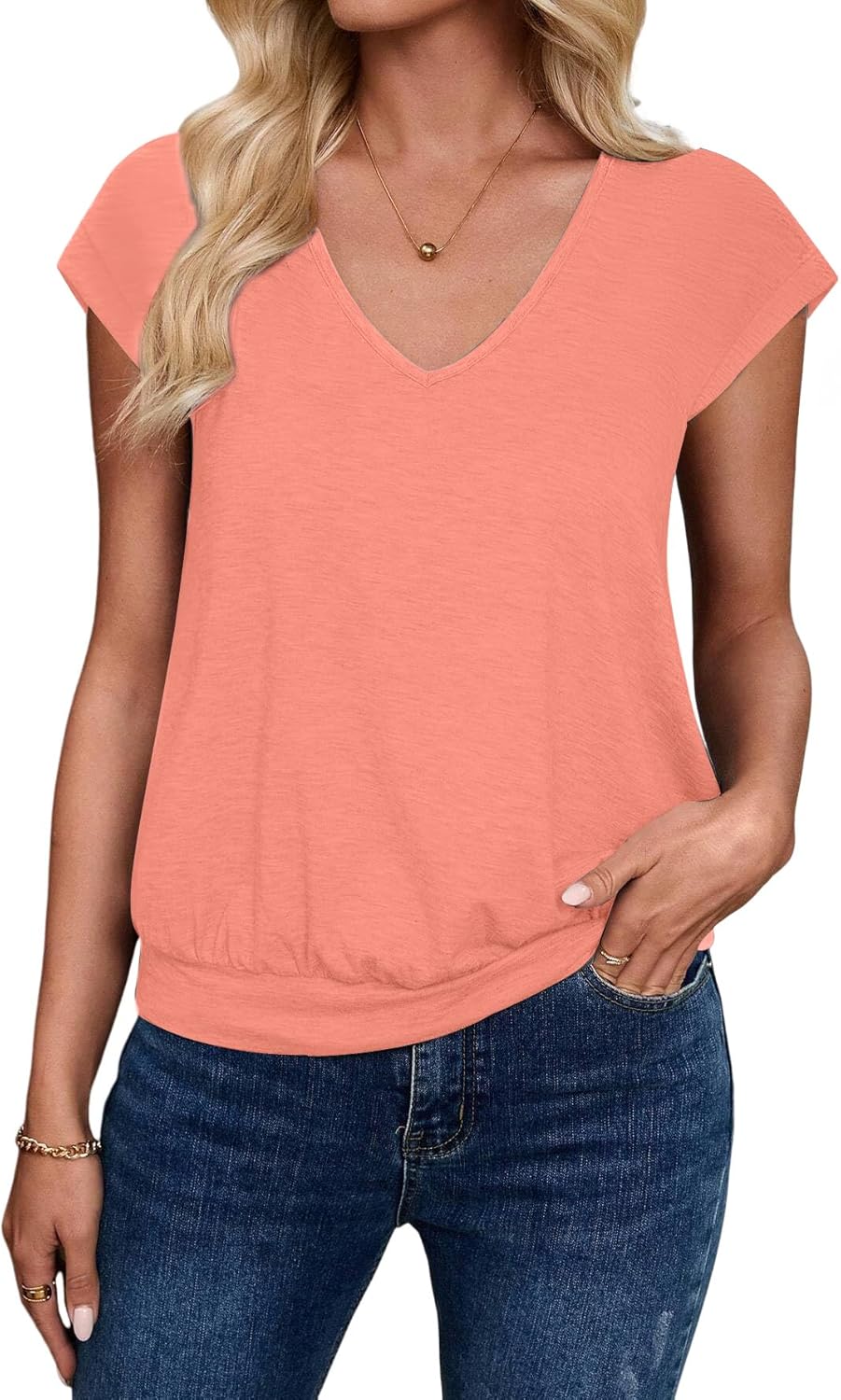 V Neck Cap Sleeve Top Women Banded Bottom T Shirts Fashion Blouse Summer Spring Beach Vacation Outfits Clothes 2026