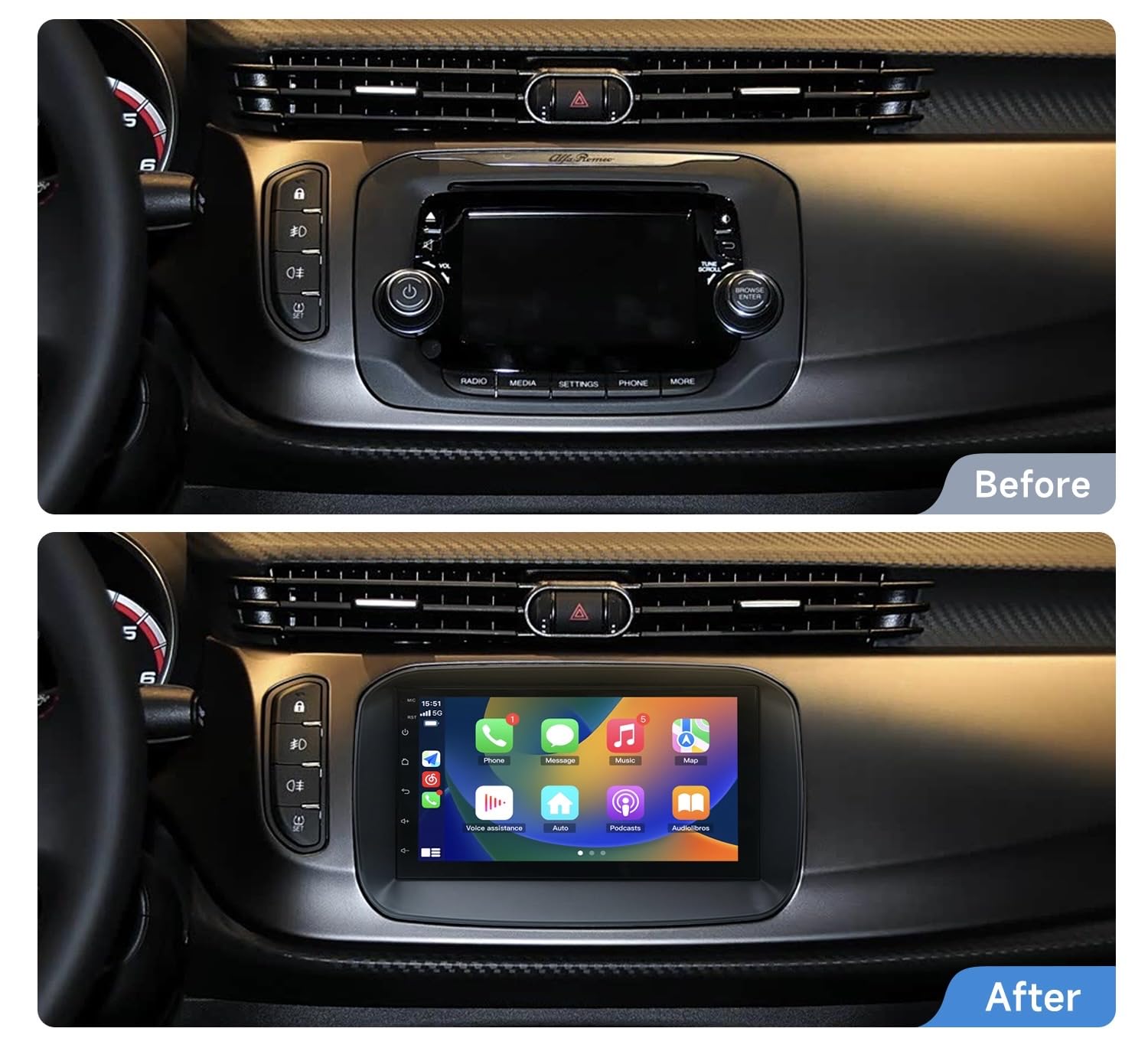 Autoradio 7 Pollici Uconnect per Alfa Romeo Giulietta (2015-2020) – Touchscreen con CarPlay, Android Auto, Navigatore GPS, Bluetooth, WiFi, Play Store, Mirror Link, USB Android 4GB RAM 64GB ROM