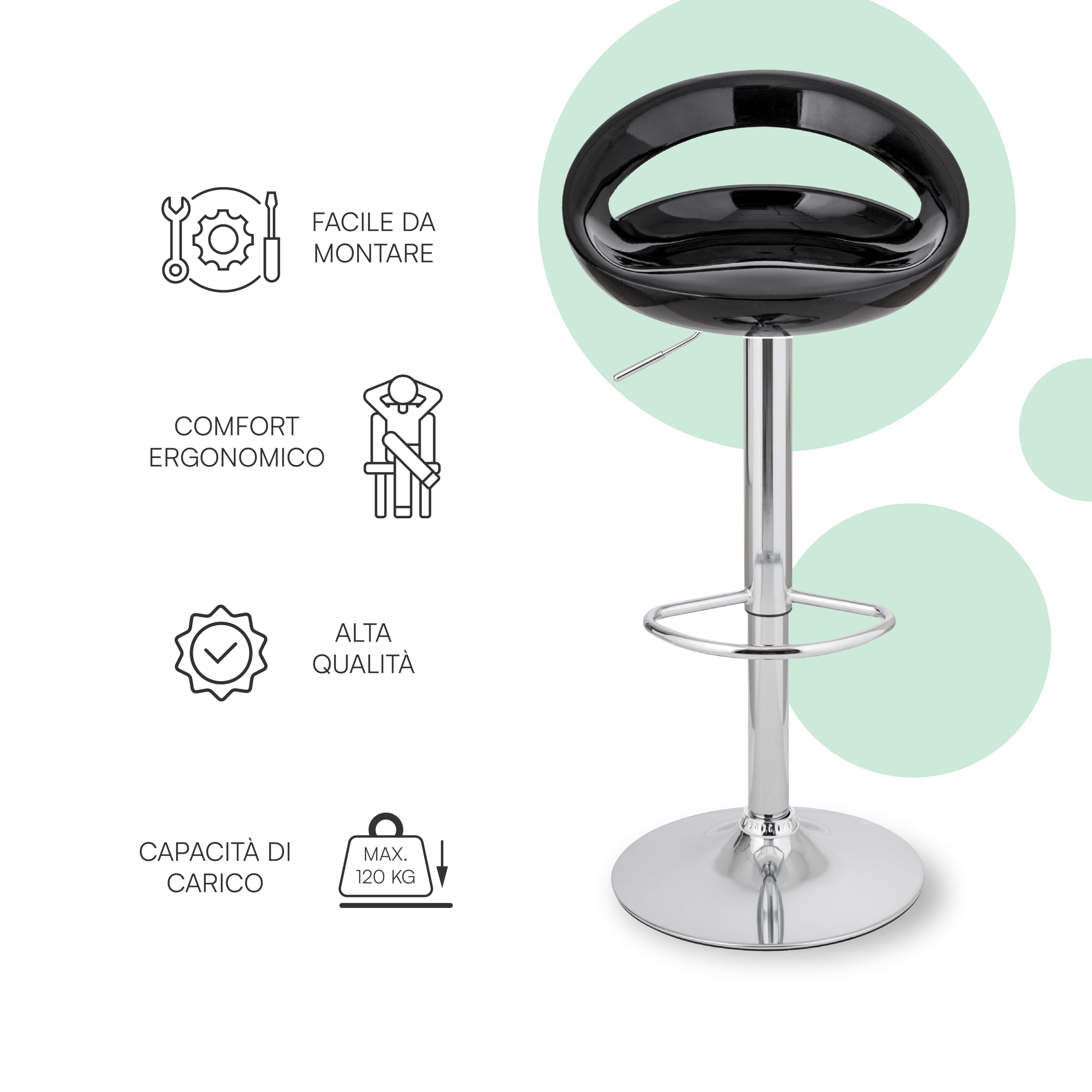 Baroni Home Tabouret de Bar Pivotant Hauteur Réglable, Assise en Plastique et Dossier, Base Chromée, Repose-Pieds et Fond Anti-Rayures, Tabouret de Cuisine et Péninsule, 37x45x59–79 cm, Noir 1 pièce